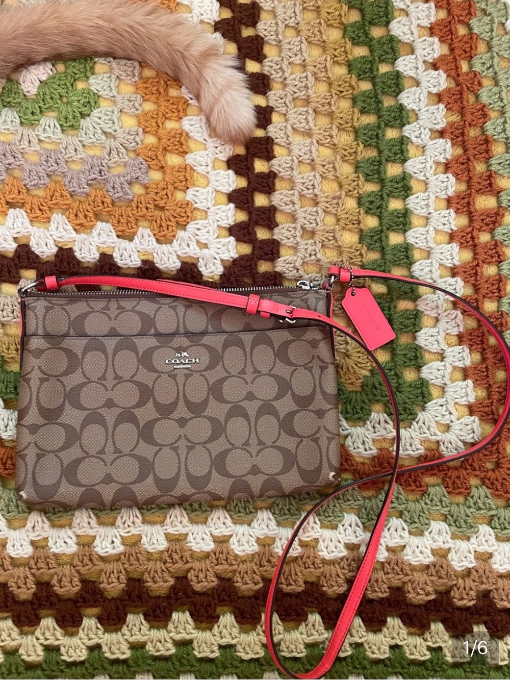 Coach Brown Signature Crossbody with Coral Pink Strap